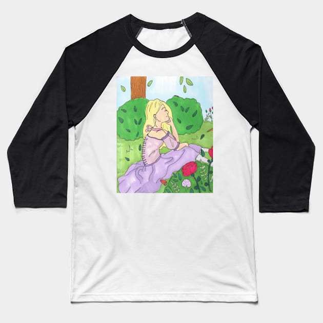 Daydreaming Girl in Forest Baseball T-Shirt by Booneb